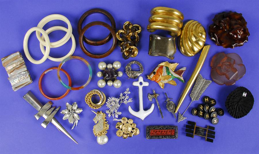 Appraisal: COLLECTION OF COSTUME JEWELRY BRACELETS AND PINS including examples by