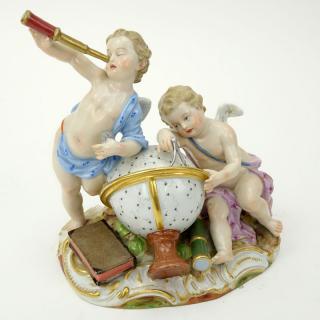 Appraisal: Circa s Meissen Hand Painted Porcelain Cherub Astronomers Group Circa