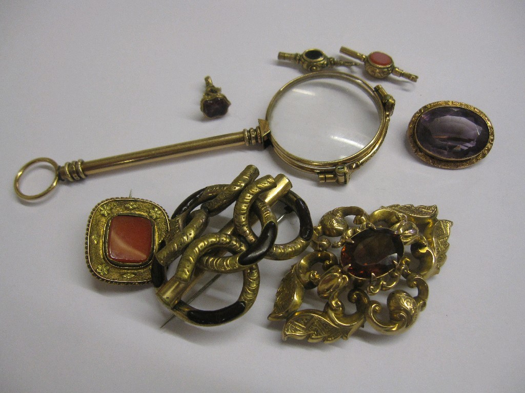 Appraisal: Lot comprising lorgnette Victorian brooches watch keys etc