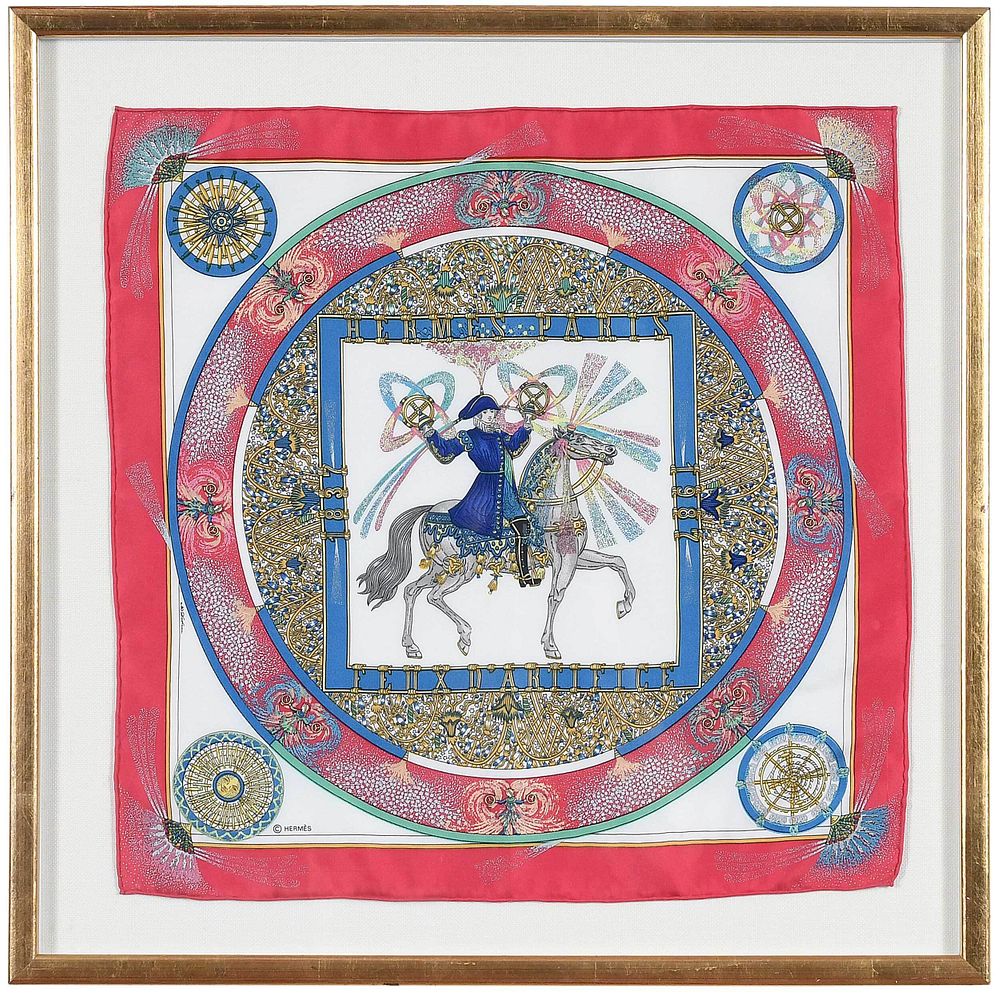 Appraisal: Framed Hermes Feux D'Artifice Silk Scarf French circa designed by