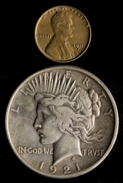 Appraisal: Peace Dollar and -S Cent Attractive semi-key coins the dollar