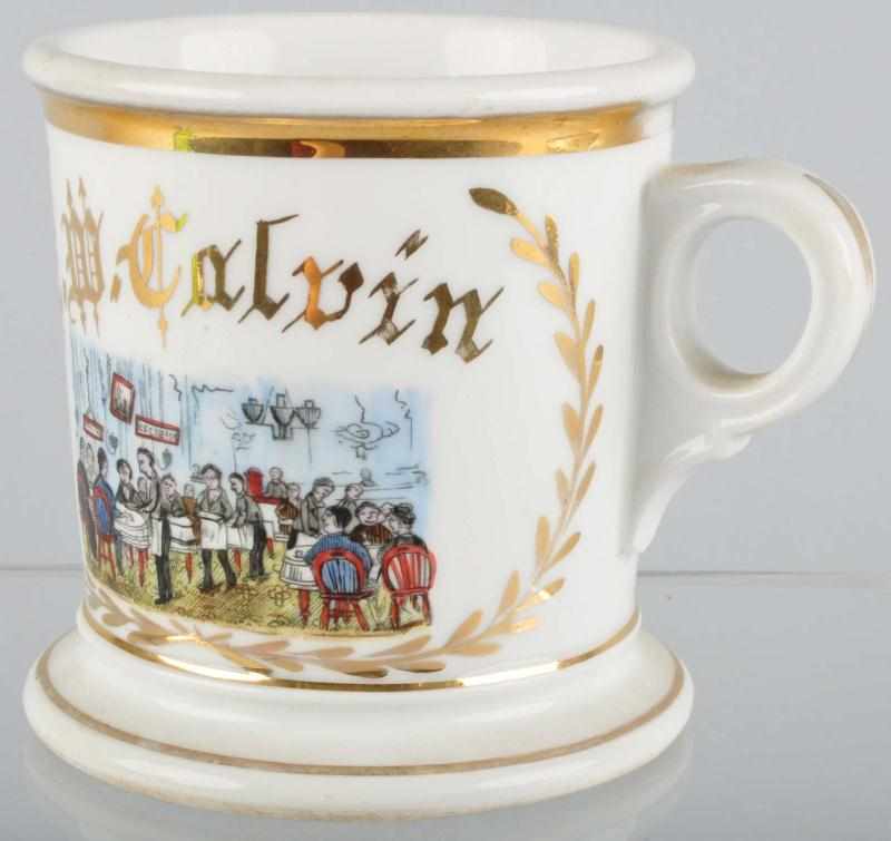 Appraisal: Restaurant Scene Shaving Mug Description Washed out Limoges stamp under