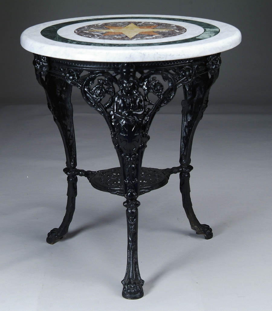 Appraisal: FIGURAL CAST IRON ROUND TABLE WITH INLAID MARBLE TOP Black