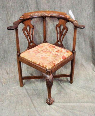 Appraisal: Chippendale Style Mahogany Corner Chair Front leg damaged to top