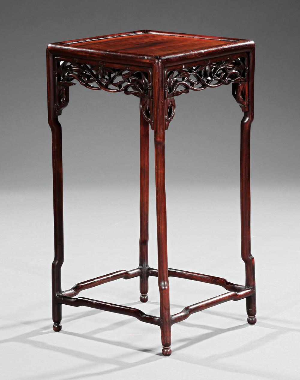 Appraisal: Chinese Carved Hardwood Side Table inset panel top reticulated bamboo