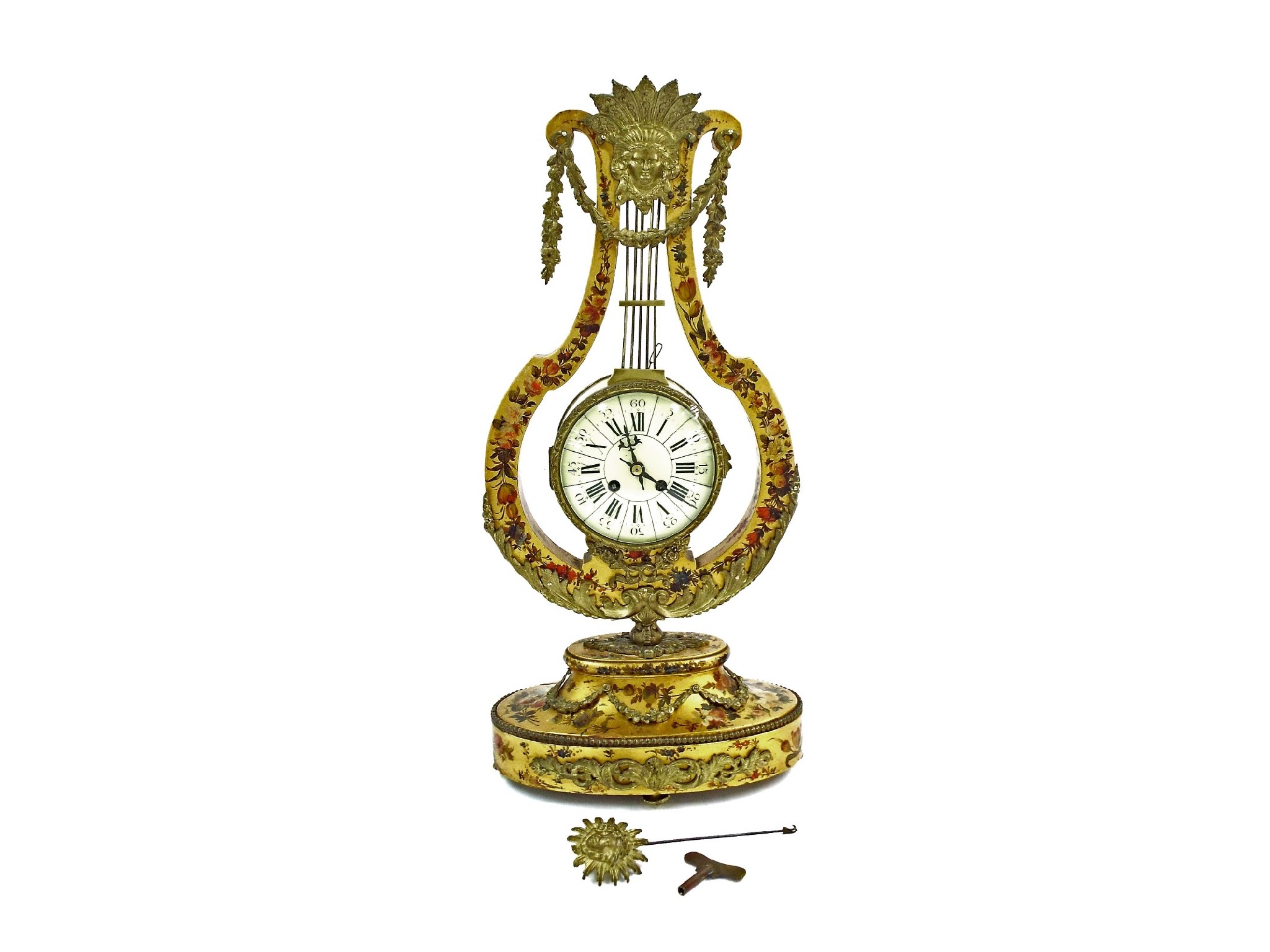 Appraisal: Interesting lyre shaped two train mantel clock the movement with