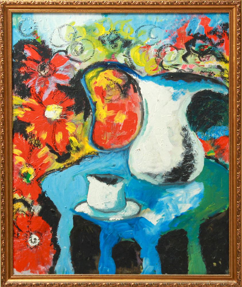 Appraisal: Expressionist Still Life w Flowers Pitcher Oil Expressionist oil on