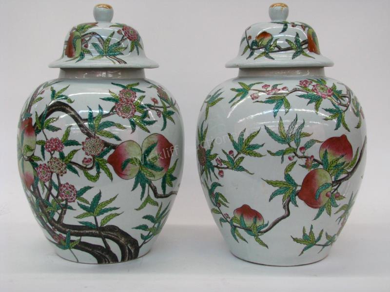 Appraisal: A pair of lidded porcelain Oriental jars white ground with