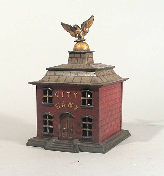 Appraisal: City Bank with Eagle Important cast-iron still bank depicting chimney