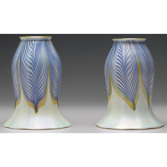 Appraisal: Quezal shades pair flower shape in opalescent glass with a