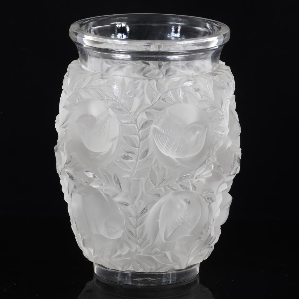 Appraisal: LALIQUE FRANCE BAGATELLE FROSTED CRYSTAL VASE WITH CLEAR RIM SPARROWS