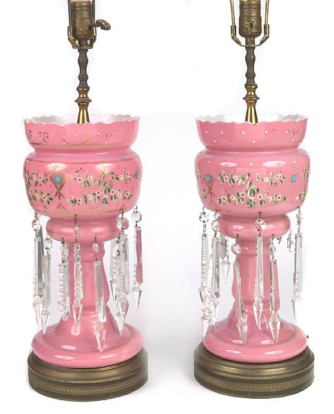 Appraisal: A pair of pink glass lusters now as lamps height