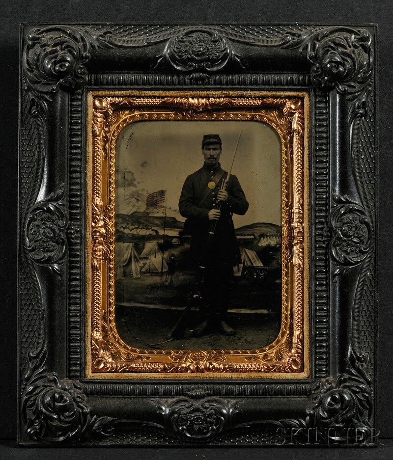 Appraisal: Quarter Plate Tintype of a Union Soldier with Painted Encampment