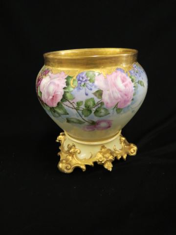 Appraisal: Limoges Handpainted Porcelain Jardiniere Stand floral decor excellent