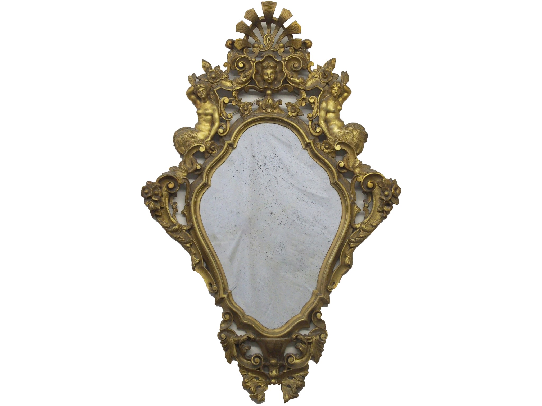 Appraisal: A continental gilt wood wall mirrorcarved with mermaids beneath a