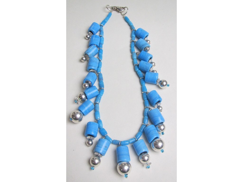 Appraisal: Turquoise glass bead necklace with graduated silver ball appendages mounted