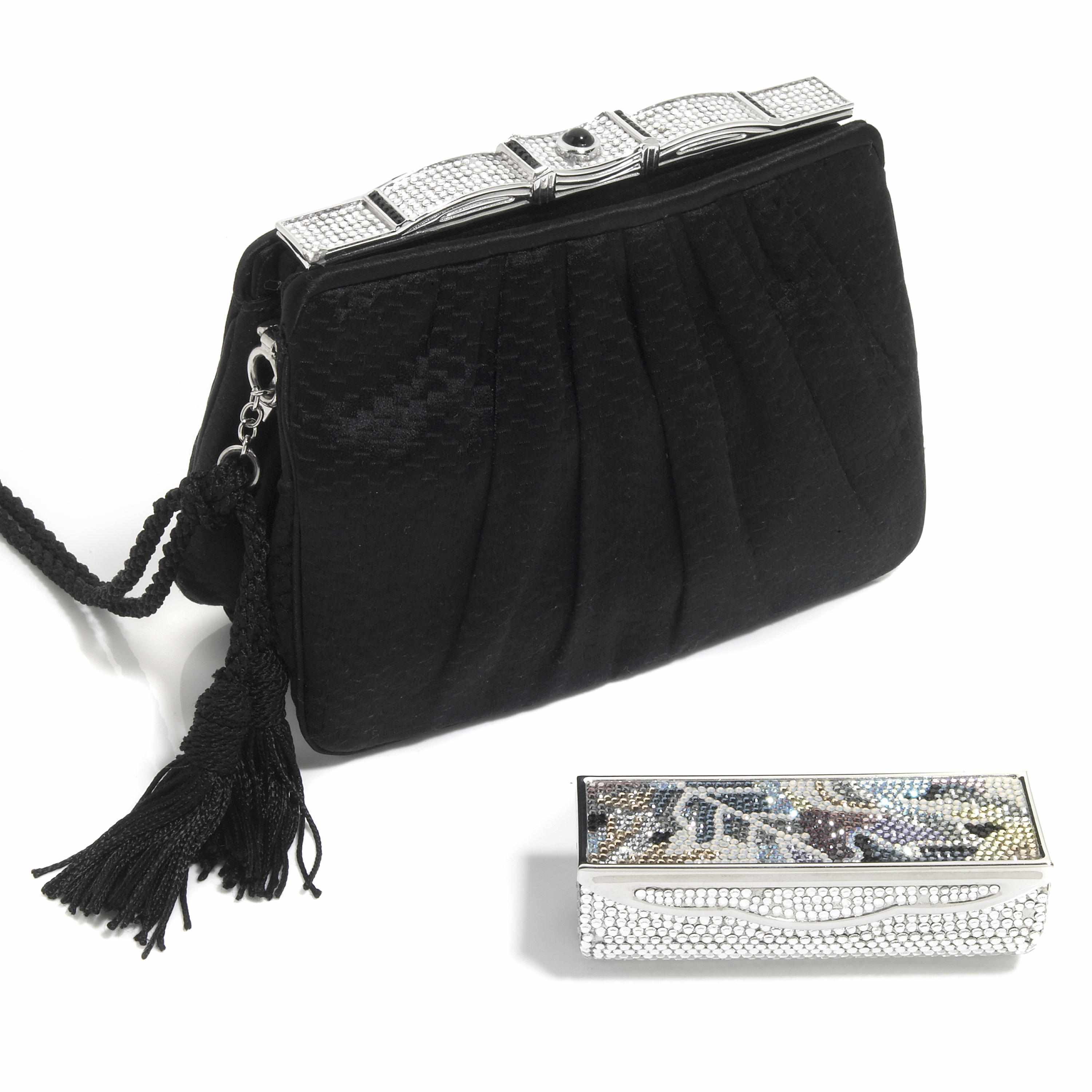 Appraisal: A black satin purse with black and silver crystal scrolling