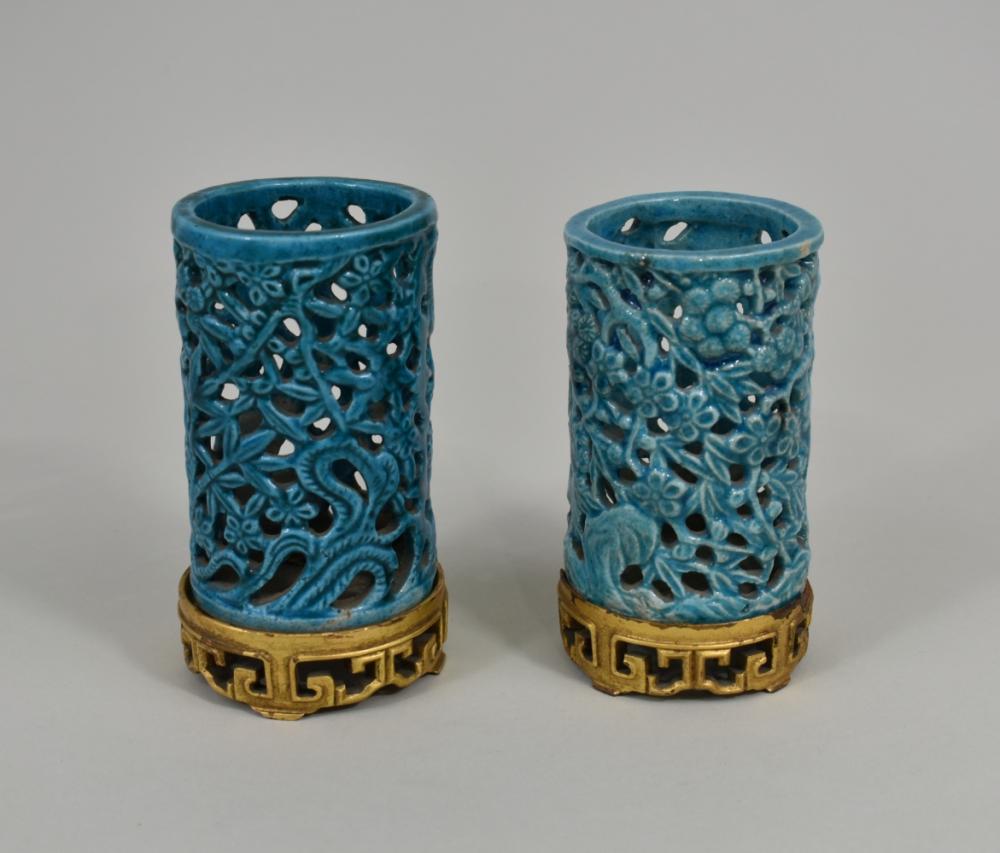 Appraisal: PAIR OF TURQUOISE GLAZED PORCELAIN BRUSH HOLDERS th Century Each