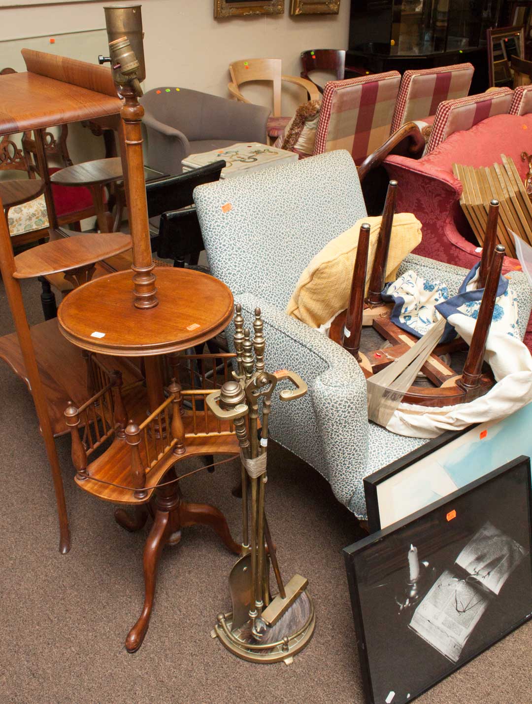 Appraisal: Assorted furniture items including upholstered armchair footstool fireplace tools and