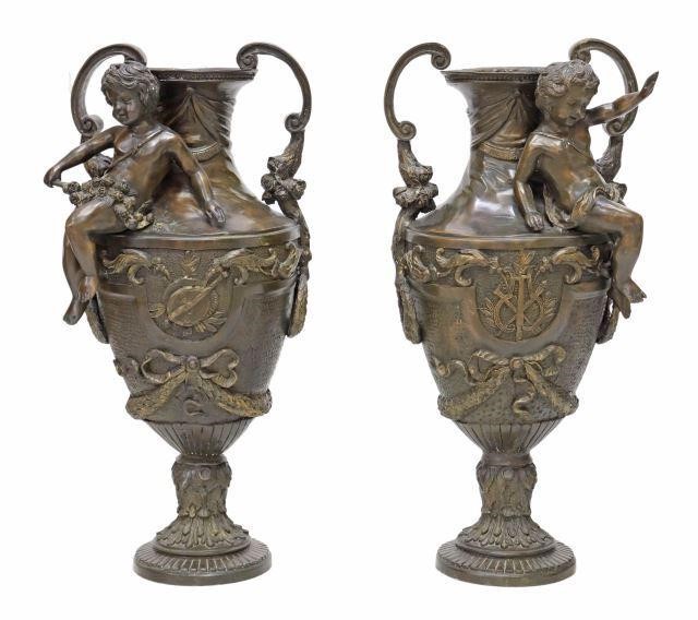 Appraisal: pair Large Classical style patinated bronze urns having flared rim