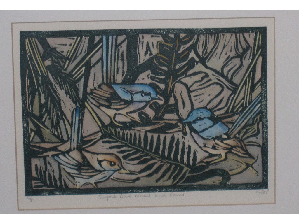 Appraisal: MOIRA PLAYNE Linocut in colours 'Superb Blue Wrens and Ferns'