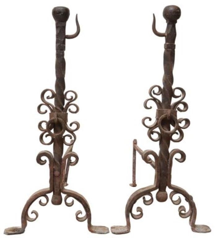 Appraisal: pair Spanish iron andirons th th c twist standard with