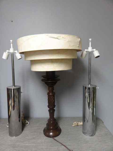 Appraisal: Midcentury Lamps a Pair of Chrome a Carved Wood Lamp