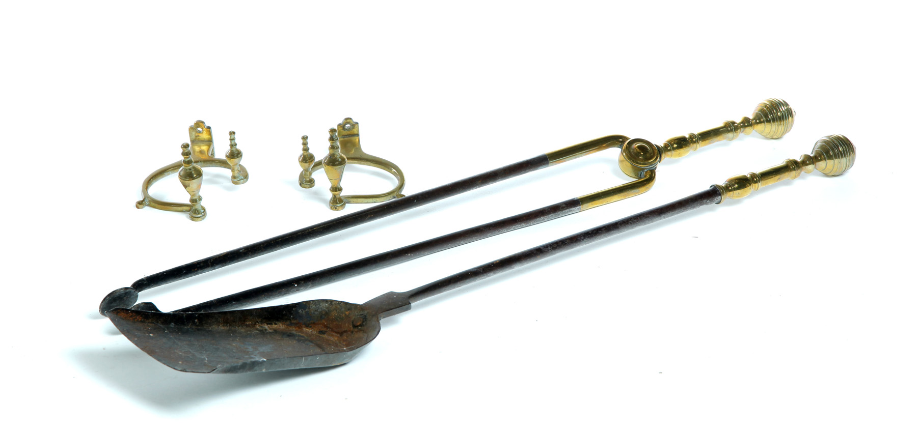 Appraisal: TWO BRASS FIREPLACE TOOLS AND JAMB HOOKS American early th