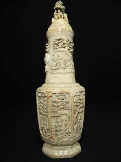 Appraisal: Early th century Chinese carved elephant ivory urn Exceptionally detailed