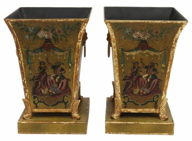 Appraisal: pair Decorative parcel gilt tole cachepots late th c decorated