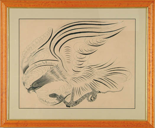 Appraisal: OUTSTANDING CALLIGRAPHIC DRAWING OF EAGLE AND RATTLESNAKE Unusually large pen