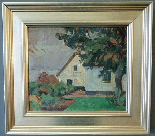 Appraisal: Oil on board impressionist painting of a cottage signed E