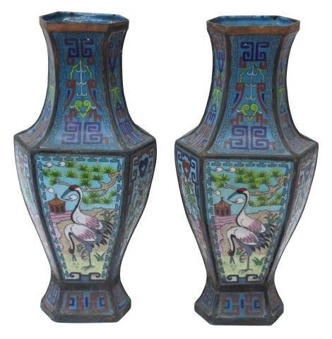 Appraisal: pair Chinese cloisonne enamel vases hexagonal form blue ground reserved