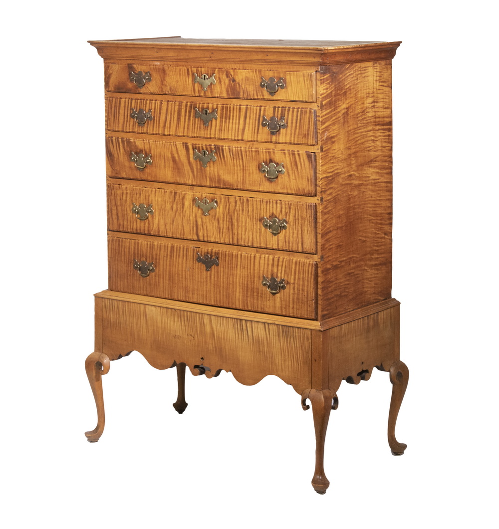 Appraisal: NEW ENGLAND COLONIAL RAMPANT CURLY MAPLE TALL CHEST ON SEPARATE