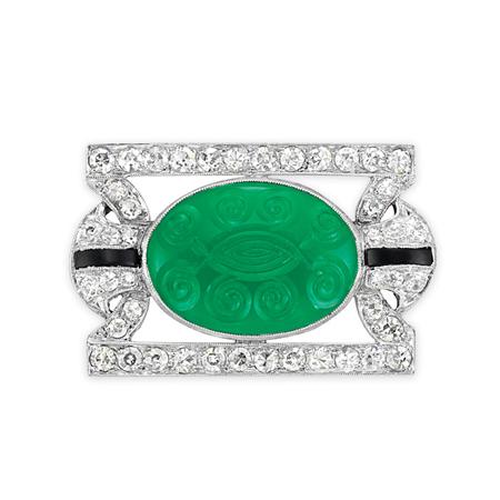 Appraisal: Art Deco Platinum Carved Green Onyx Diamond and Black Onyx