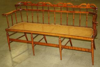 Appraisal: fancy Sheraton curly maple cane seat settee flared arms pierced