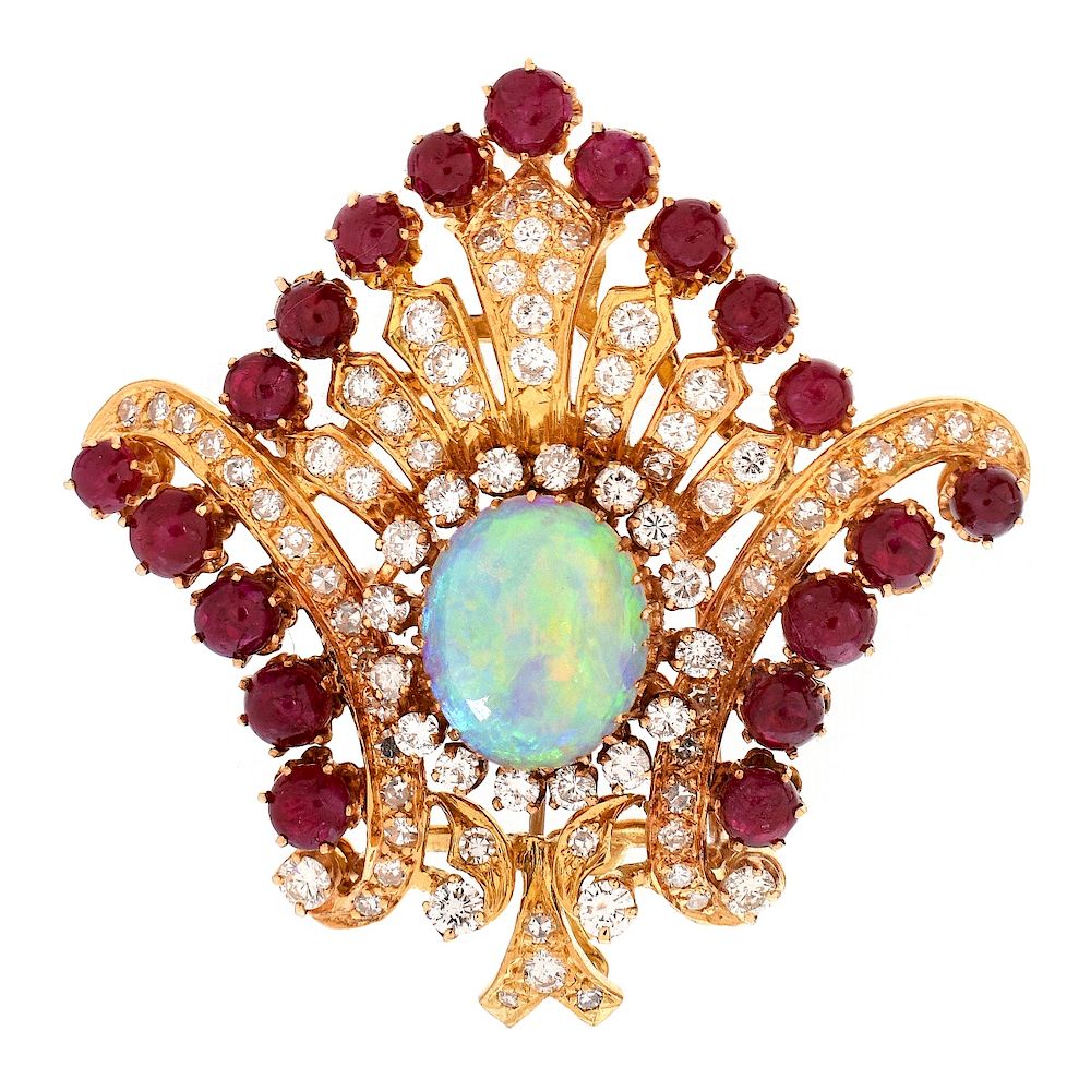 Appraisal: Opal Diamond Ruby and K Brooch Fine Quality Vintage Oval