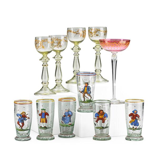 Appraisal: GROUP OF ENAMELED STEMWARE Set of six tumblers with figures