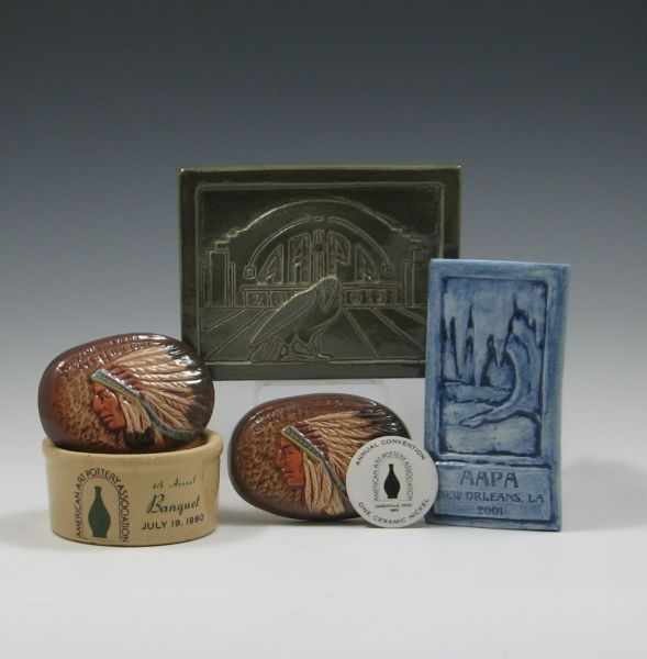 Appraisal: Six American Art Pottery Commemorative Pieces Rick Wisecarver paperweights marked