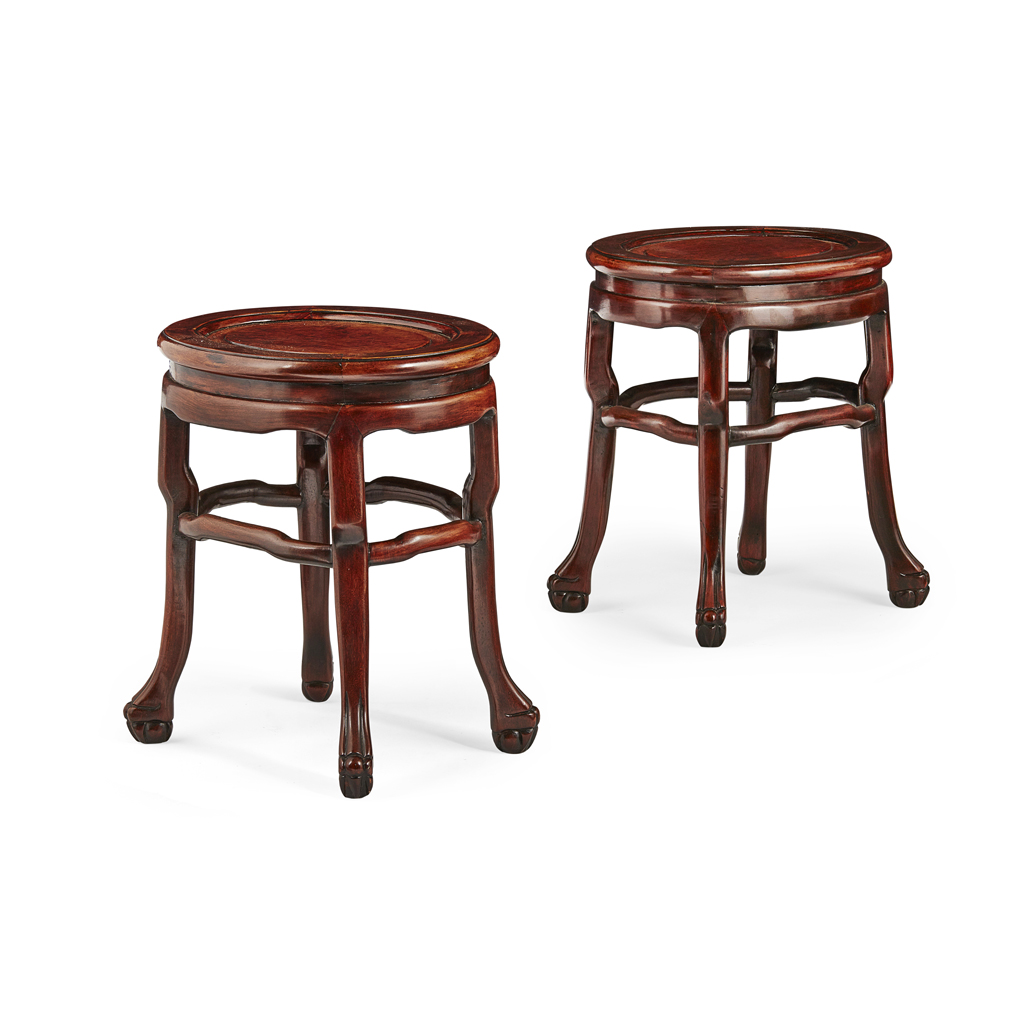 Appraisal: PAIR OF HONGMU AND BURRWOOD STOOLS LATE QING DYNASTY the