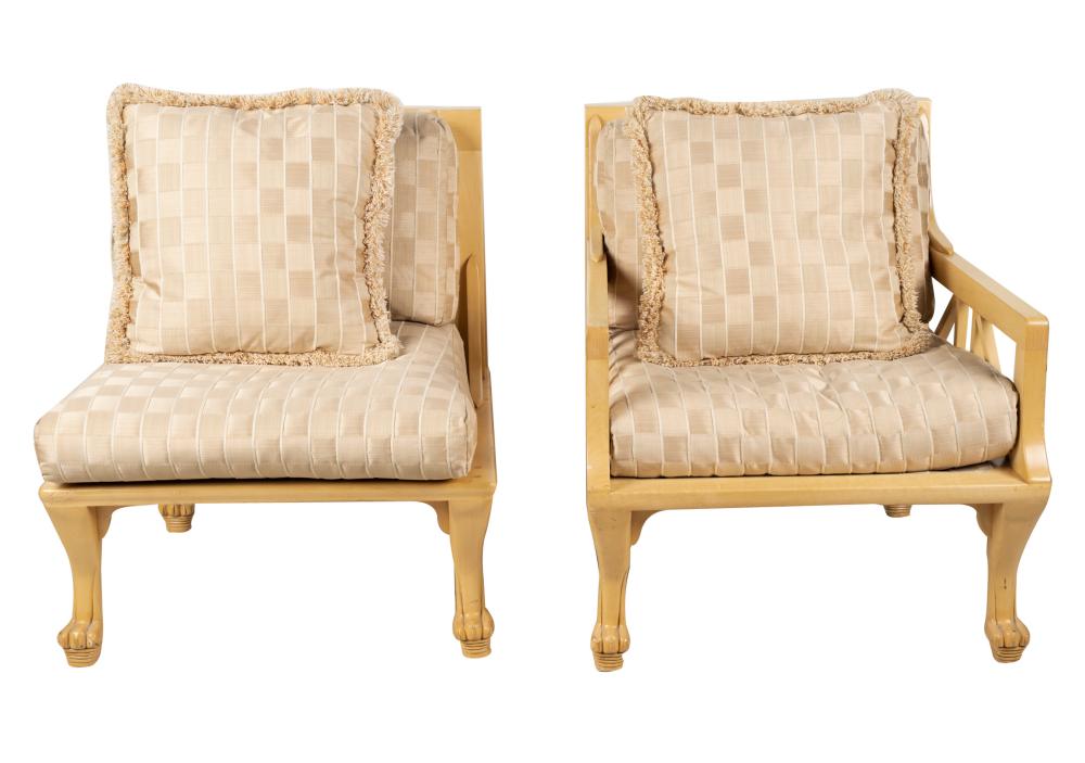 Appraisal: PAIR OF CONTEMPORARY BLONDE WOOD ARMCHAIRSunsigned the loose cushions covered