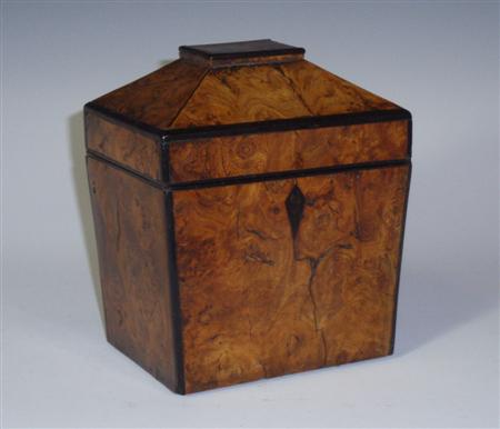 Appraisal: A Regency burr elm and ebony inlaid tea caddy of