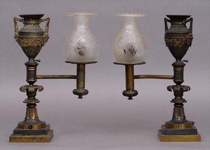 Appraisal: PAIR OF REGENCY-STYLE GILT-METAL AND BRONZE PATINATED METAL ARGAND LAMPS