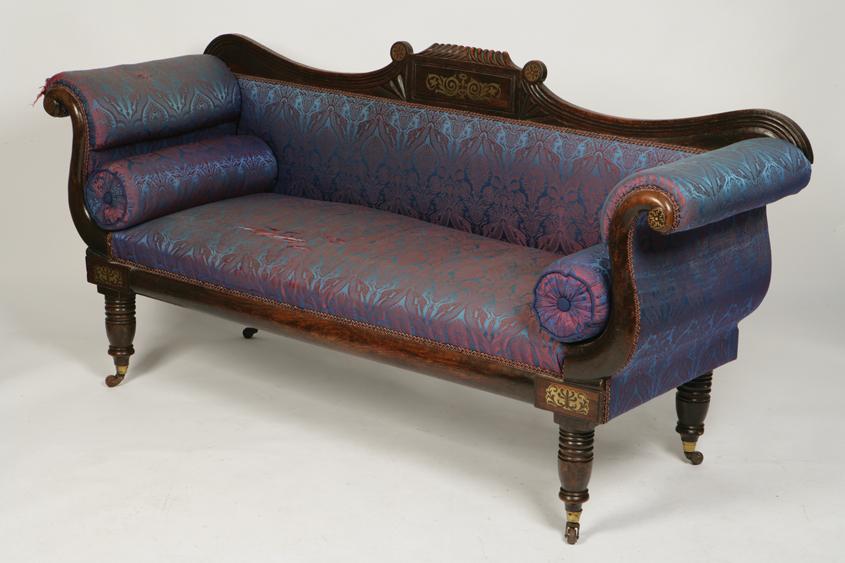 Appraisal: A REGENCY ROSEWOOD EFFECT AND BRASS INLAID SCROLL END SOFA