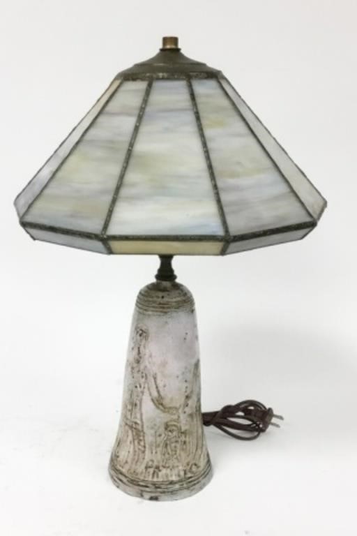 Appraisal: AMERICAN ART POTTERY LAMP WITH LEADED GLASS SHADE H Shade