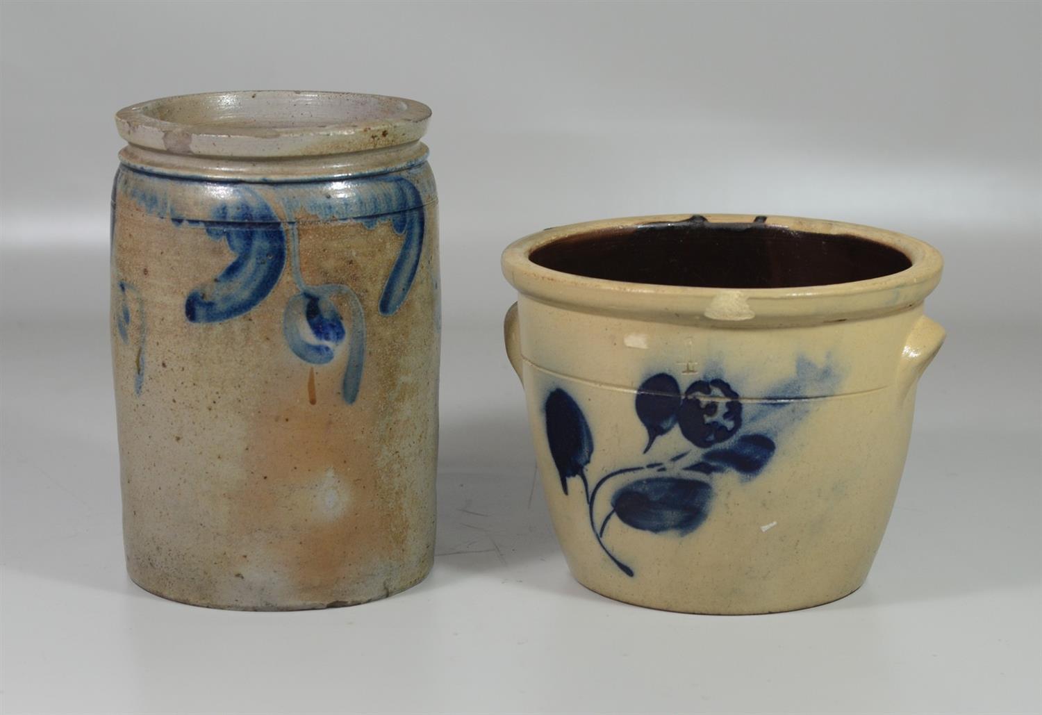 Appraisal: blue floral decorated stoneware crocks gallon fruit jar chip on