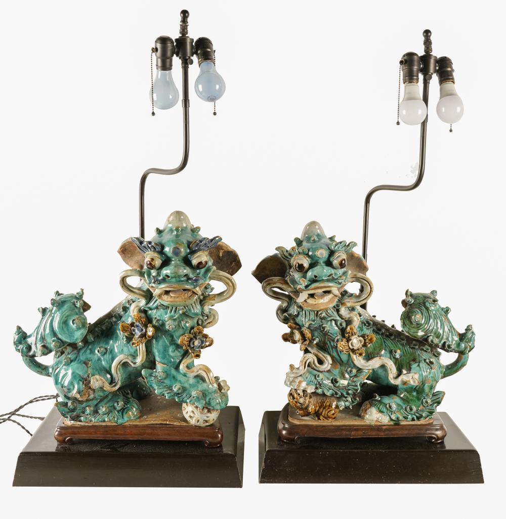 Appraisal: PAIR OF CHINESE GLAZED FOO DOGSmounted as lamps on fitted