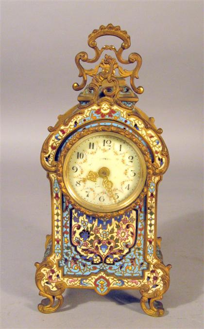 Appraisal: French champleve enamel and gilt bronze mantel clock retailed by