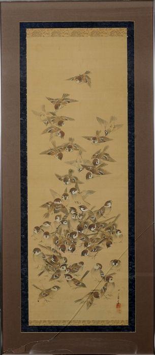 Appraisal: Japanese Silk Scroll Painting Matted and framed x in sight