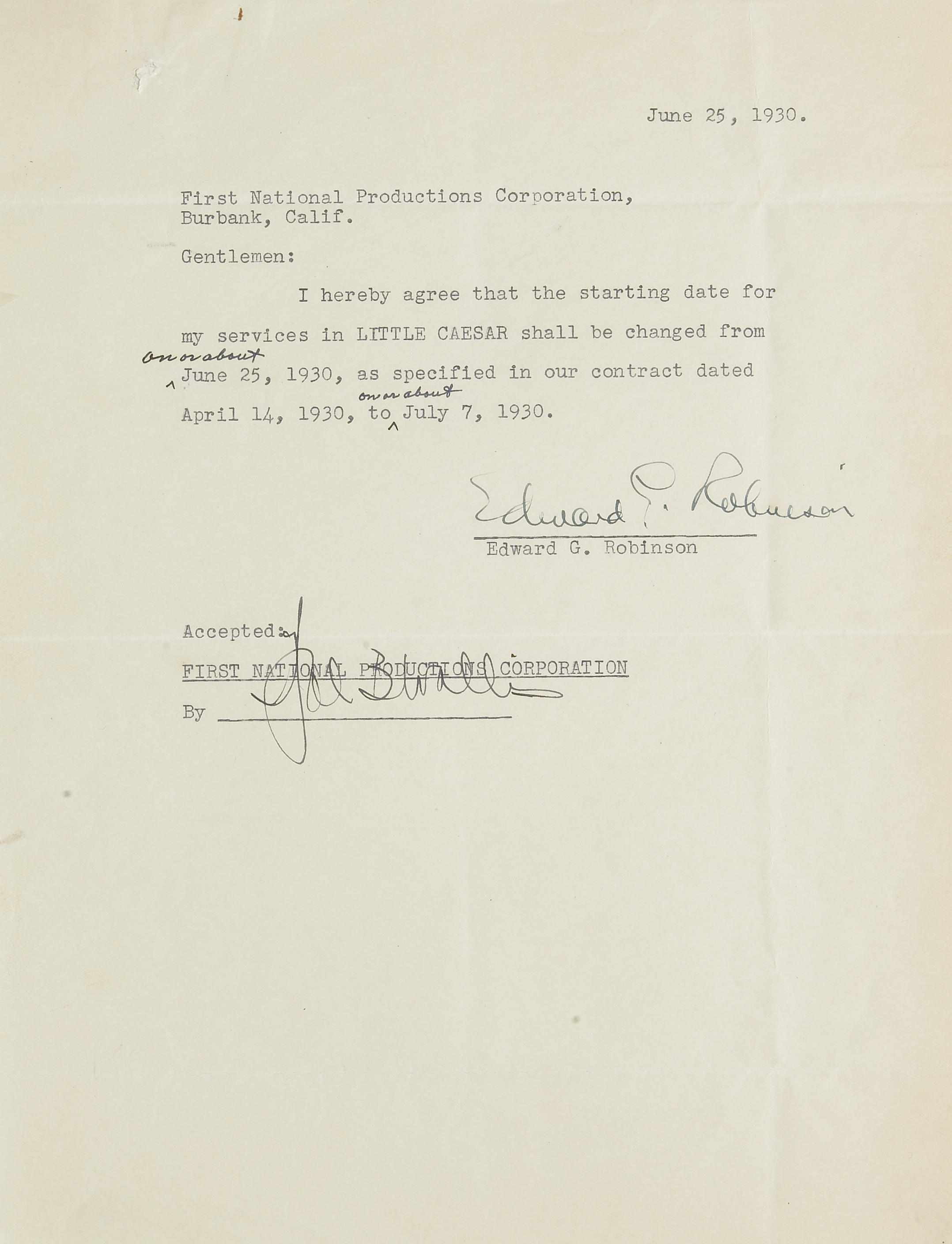 Appraisal: ROBINSON EDWARD G - CONTRACT FOR ''LITTLE CAESAR '' Typed